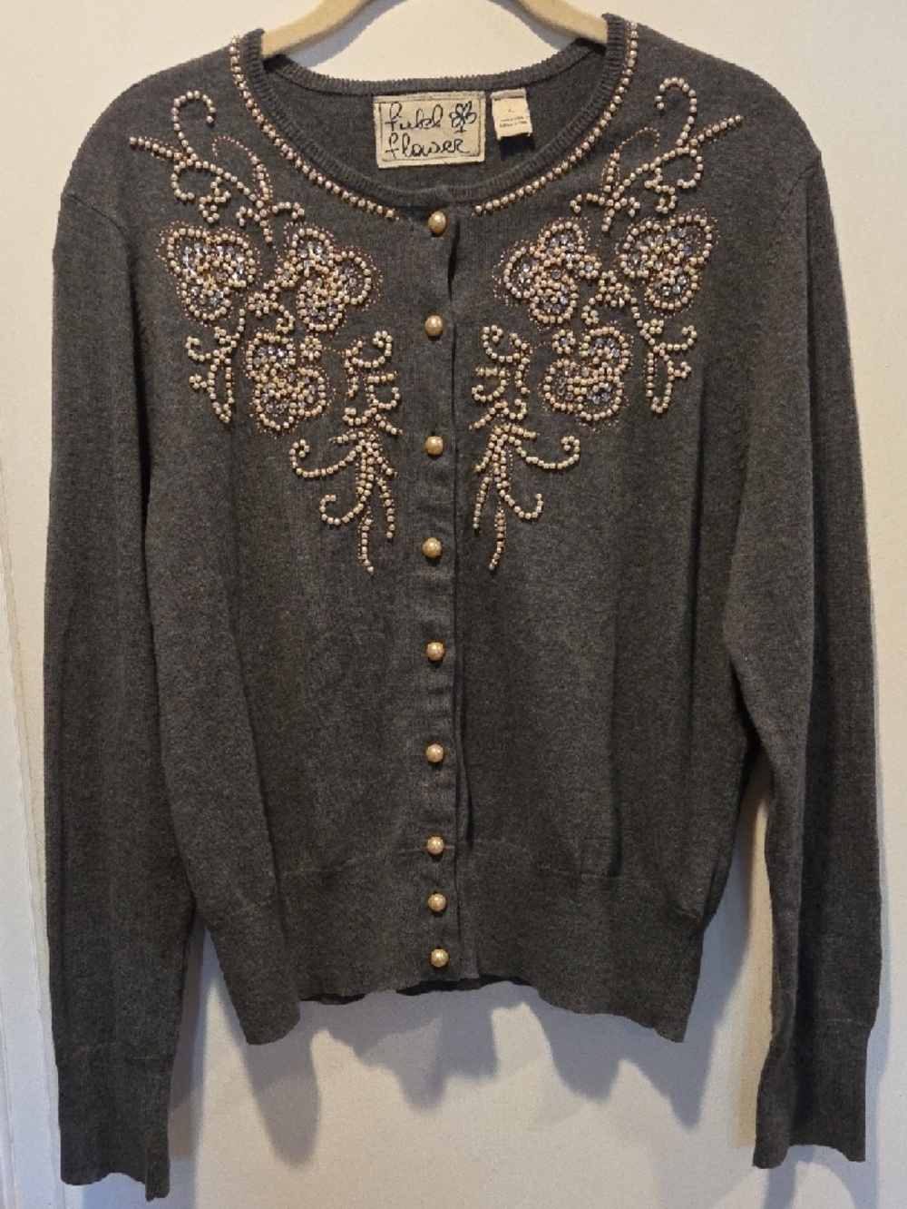 Anthropologie Field Flower Beaded & Embroidered Gray Cardigan XL NWT